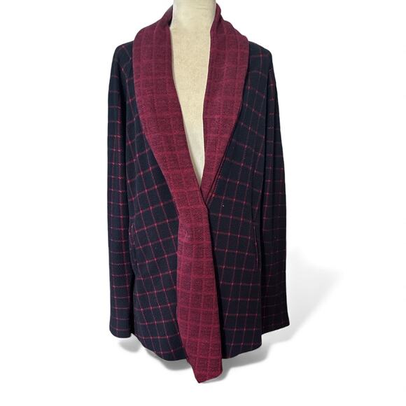 Sanctuary Anthropologie Red & Navy Windowpane Drape Wrap Cardigan Jacket MED - Picture 2 of 10
